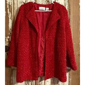 Alfred Dunner 3/4 Sleeve Chenille Shimmer Open Front Blazer - Red - Size 18